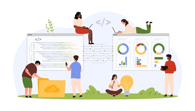 Front and back end software development tiny people programming coding and testing