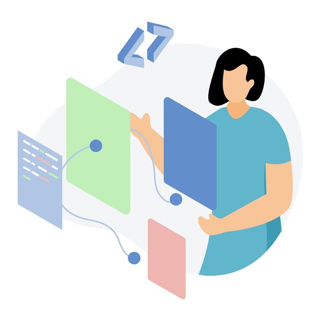 Front End Web Development Illustrator working on HTML CSS code on a desktop Atmosphere is focused