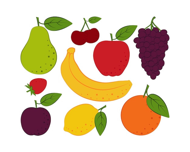 fruit set cartoon image of fruits such as pear banana apple and cherry as well as grapes