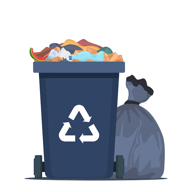 Full garbage bin and black plastic trash bag around Overflowing recycling container