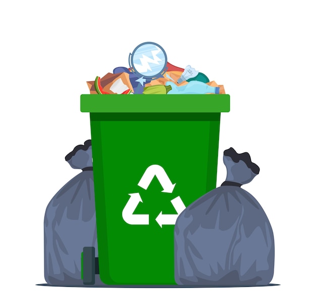 Full garbage bin and black plastic trash bags around