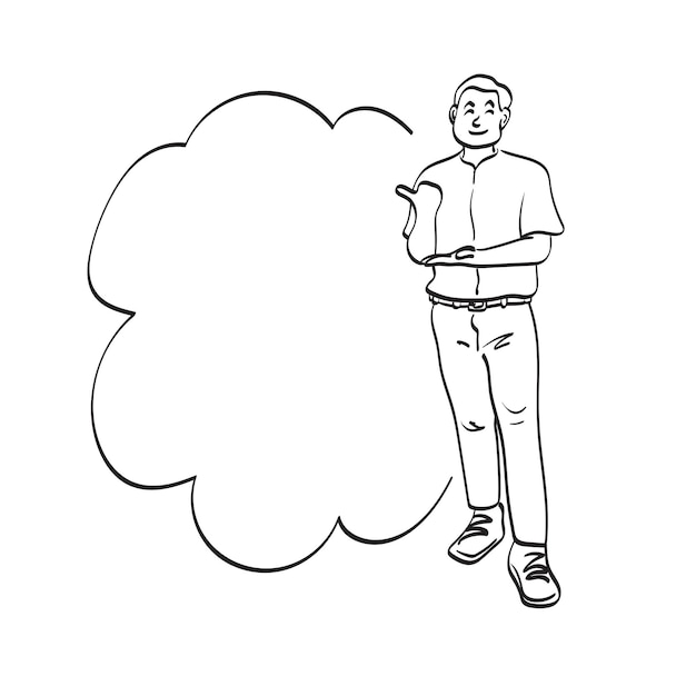 full length of smiling man using thumb to point to blank space illustration vector hand drawn