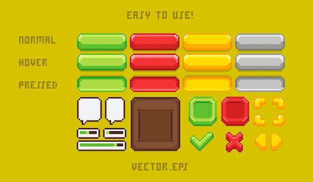 Full set game ui in pixel art cute Happy style lime yellow background