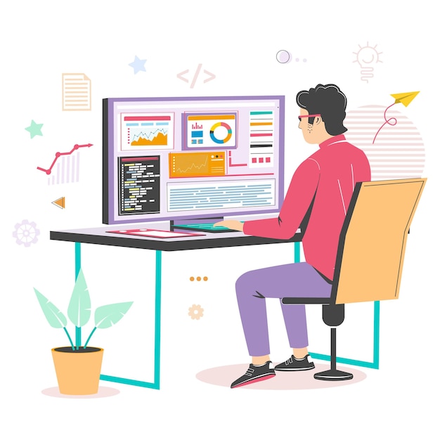 Full stack developer working on computer vector illustration it professional web developer programmi...