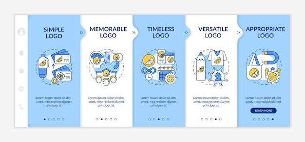 fundamental logo design rules onboarding vector template. responsive mobile website with icons. web page walkthrough 5 step screens. simplicity, versatility color concept with linear illustrations