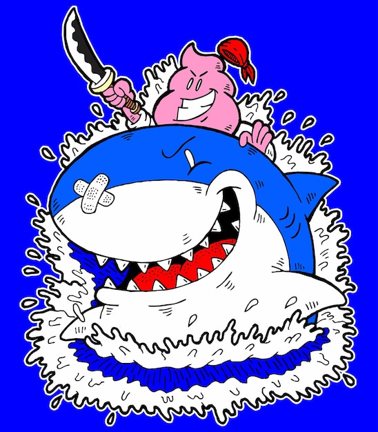 funny cartoon shark and pirate character design illustration