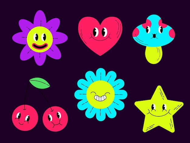 Funny crazy psychedelic stickers set print Vector cartoon illustration sticker pack design Psychedelicgroovytrippylsd acidmagic mushrooms print for tshirtpostercard concept EPS