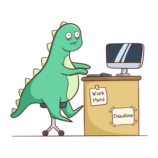 funny dinosaur work hard at office with computer