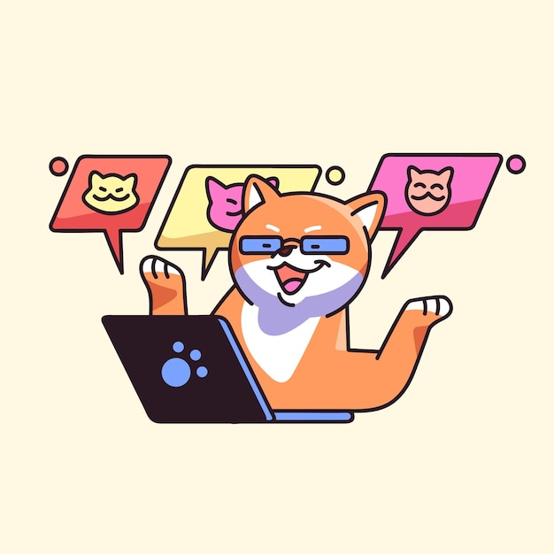 Funny dog at online meeting concept Cute Shiba work in team freelance teamwork puppy talk on video call freelancers discuss business Akita inu with laptop Flat isolated vector illustration