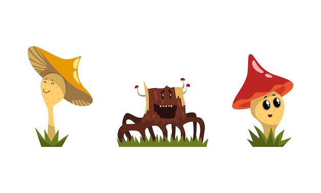 funny mushroom and tree stump characters with smiling faces growing on grass vector set