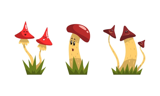funny mushroom characters with smiling faces growing on grass vector set