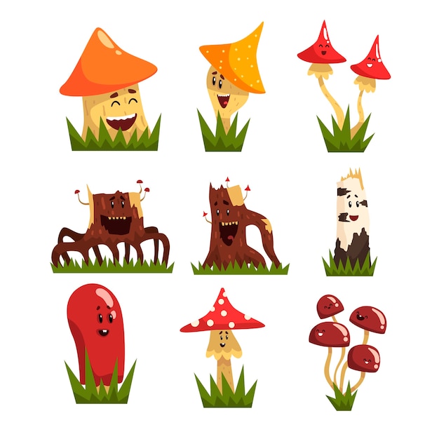 funny mushrooms characters with colorful caps set