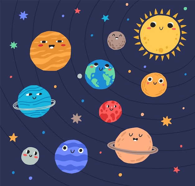 Funny planets of Solar system and Sun with smiling faces. Adorable celestial bodies in outer space