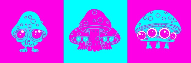 funny psychedelic mushrooms neon colorful s retro style vector simple flat illustrations set