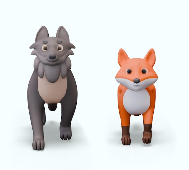 funny wolf and fox in 3d cartoon style pair of predators isolated wild animals front view