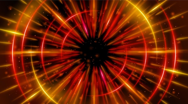 Futuristic abstract background with a radial burst of light and energy dynamics emanating from the center Speed Red orange and yellow light rays emit and create glowing particle effects