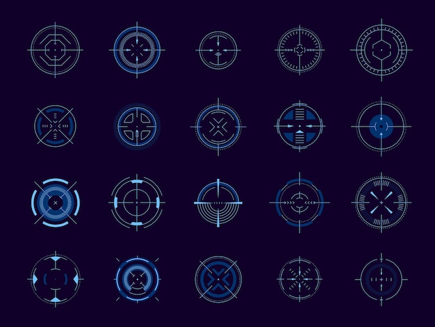 Futuristic aim pointer Circle HUD user interface element weapon collimator round aim digital focus UI game asset Vector accuracy symbols isolated set