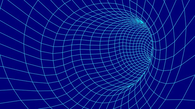 Futuristic blue funnel Wireframe space travel tunnel Abstract blue wormhole with surface warp Vector illustration