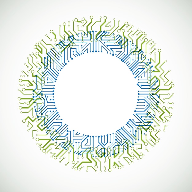 Futuristic cybernetic scheme, vector motherboard green and blue illustration. Circular element with circuit board texture.
