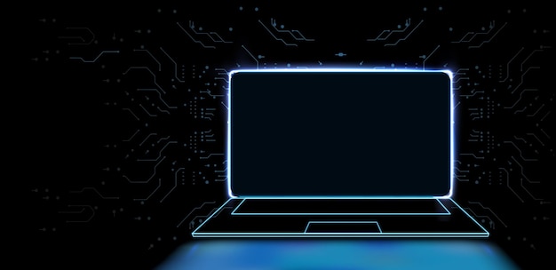 Futuristic Financial Technology Concept Laptop with Data Center and Currency Symbols on a Dark Back