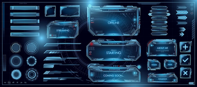 Futuristic game interface hud holograms collection Ui space frame scifi button monitor or panel frames and buttons digital science menu Blue glowing elements Vector illustration template