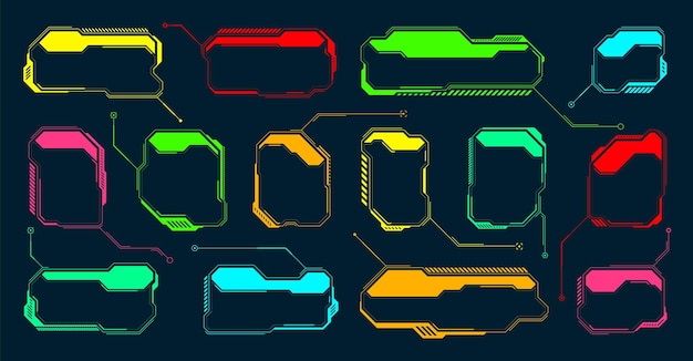 Futuristic HUD or UI elements Scifi user interface text boxes callouts Colorful warning message frame information boxes template Modern game interface layout digital style Vector illustration