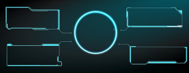 Futuristic interface with circular element and multiple rectangular frames for content display