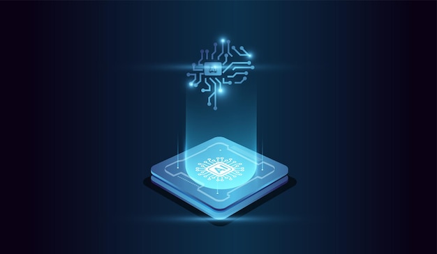 Futuristic representation of artificial intelligence with a glowing microchip at the base emitting