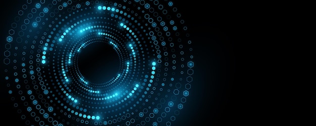 Futuristic swirling circles of white hexagons on black background Big Data visualization into cyberspace Vortex pattern of honeycombs Abstract modern background Vector