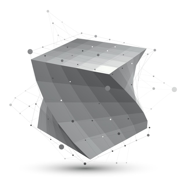 Futuristic techno black and white stylish construction, abstract grid dimensional figure with connected lines.
