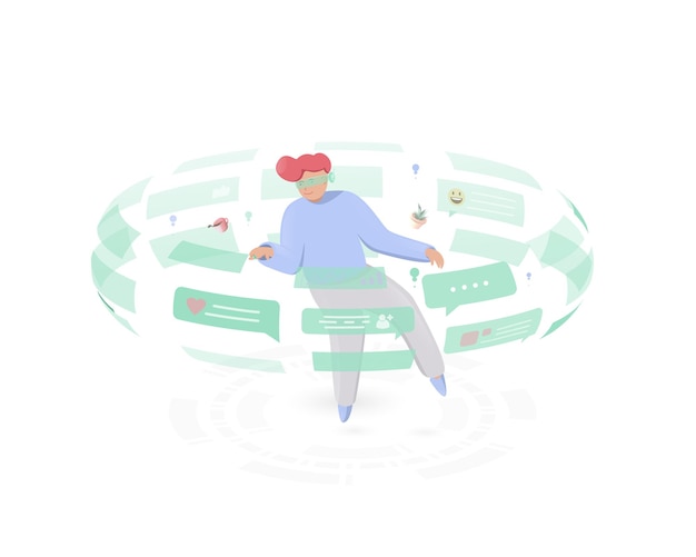 futuristic technology concept. men use future hud elements technology to discuss social networks, news, chat, dialogue speech bubbles. vector illustration