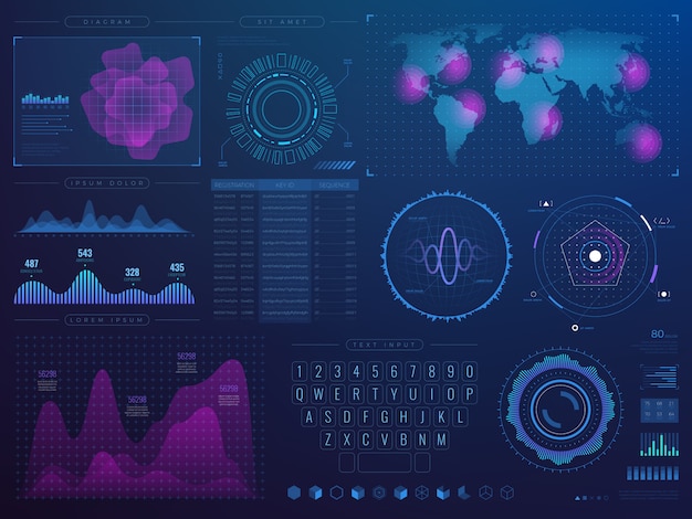Futuristinen HUD-käyttöliittymä. Tieteellinen tulevaisuuden teknologiavektori-käyttöliittymä infografiikkaelementeillä