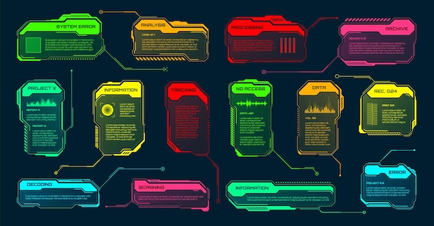 Futuristinen HUD- tai käyttöliittymäelementti, scifi-käyttöliittymän tekstikentät, kuvatekstit, värikäs varoitusviesti