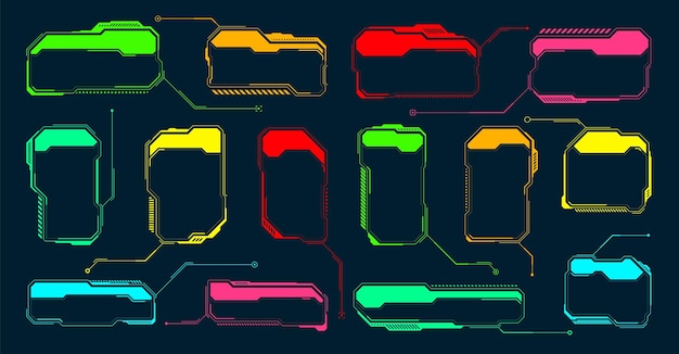 Futuristinen HUD- tai käyttöliittymäelementti, scifi-käyttöliittymän tekstikentät, kuvatekstit, värikäs varoitusviesti