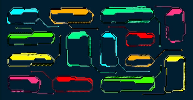 Futuristinen HUD- tai käyttöliittymäelementti, scifi-käyttöliittymän tekstikentät, kuvatekstit, värikäs varoitusviesti