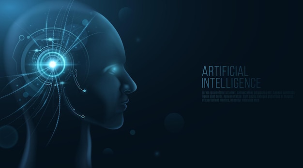 Futuristinen ihmiskasvomalli, jossa on käyttöliittymä päässä