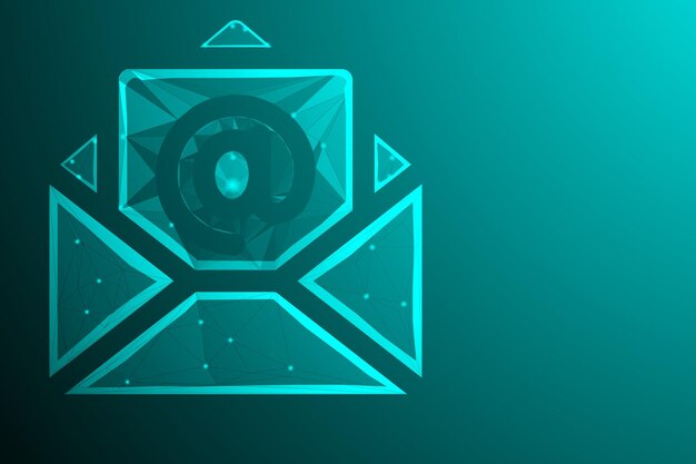 Futuristinen Low Poly Gmail -kirjekuori, digitaalinen sähköposti-ikoni, hehkuva neonpostisymboli, kyberviestintä