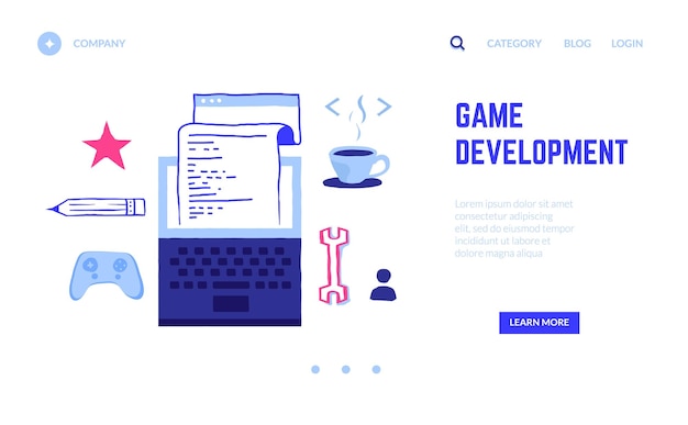 Game development landing page Programming VR entertainment cyber project writing digital code Website interface with buttons Doodle laptop and joystick Vector web service UI mockup