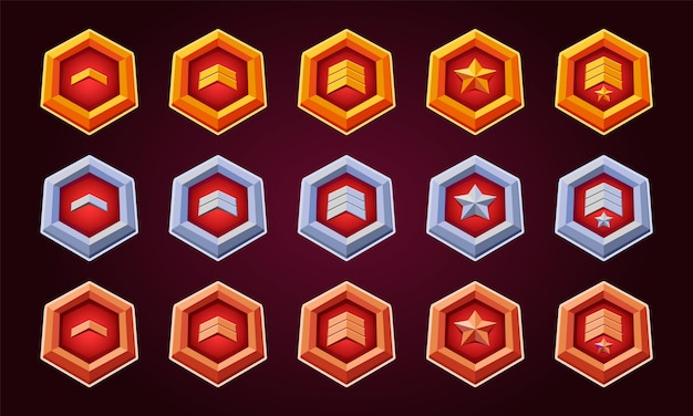 Game level reward badges set Rank achievement award trophy Vector flat golden symbol for progress