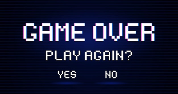 game over inscription asking person play again with answer options yes or no modern trendy games screen with lighting effect art design for game life bar gaming controller vector illustration