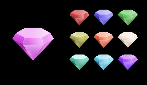 Game ui elements set of colorful jewels or diamonds on dark background