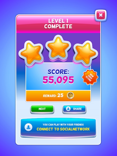 Game UI. Level complete screen. 