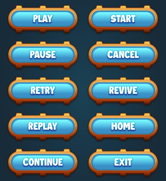 Game ui set of blue buttons with editable text effect gui to build 2d games game buttons kit