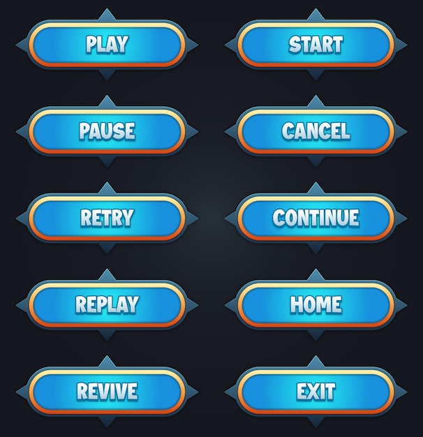 Game ui set of blue buttons with editable text effect gui to build 2d games game buttons kit