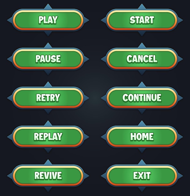 Game ui set of green buttons with editable text effect gui to build 2d games game buttons kit