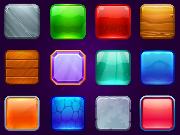 Game UI square buttons. Metal steel, wooden and diamond button frame. Cartoon glossy buttons  set.