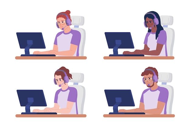 gamers with headsets at computers semi flat color vector characters set