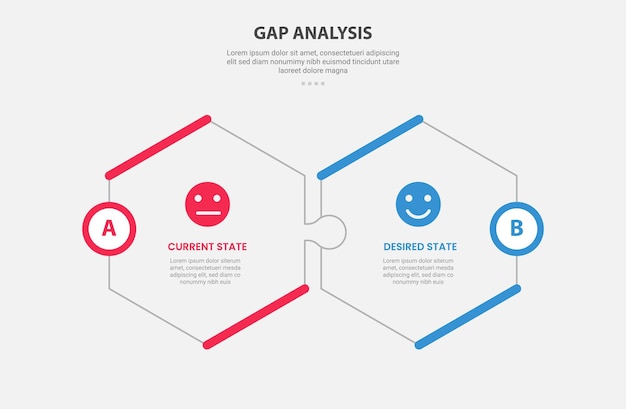 GAP Analysis infographic outline style with 2 point comparison template with hexagonal shape puzzle jigsaw connection for slide presentation