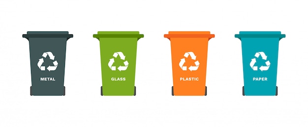 garbage bins with symbol of recycling for separation trash: paper, metal, glass, plastic