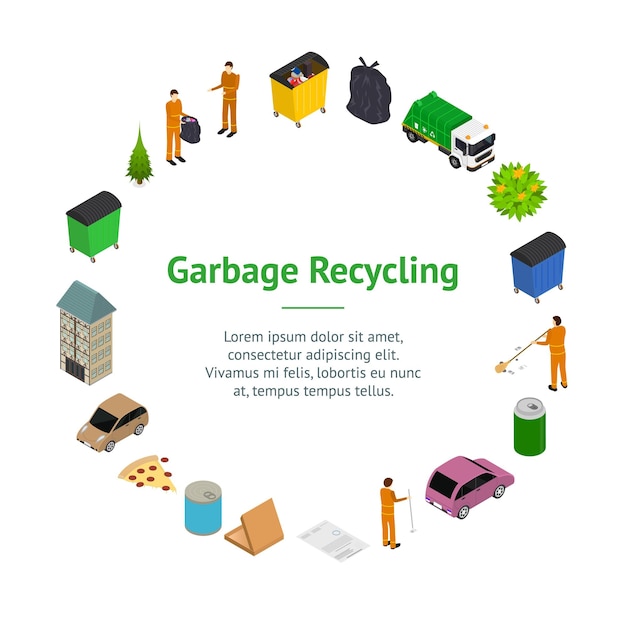 Garbage Recycling Concept Banner Card Circle 3d Isometric View Vector
